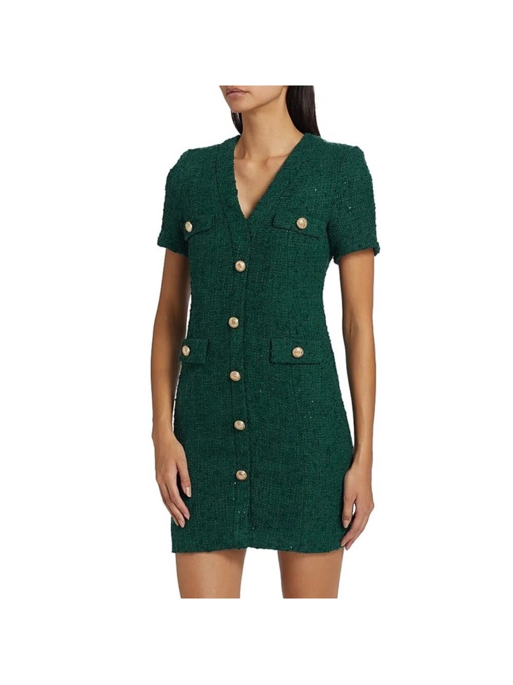 Generation Love Emerald Green Tweed Short Sleeve Button Dress